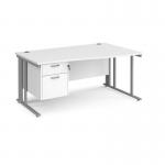Maestro 25 right hand wave desk 1600mm wide with 2 drawer pedestal - silver cable managed leg frame, white top MCM16WRP2SWH
