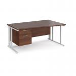 Maestro 25 right hand wave desk 1600mm wide with 2 drawer pedestal - white cable managed leg frame, walnut top MCM16WRP2WHW