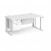 Maestro 25 right hand wave desk 1600mm wide with 2 drawer pedestal - white cable managed leg frame, white top MCM16WRP2WHWH