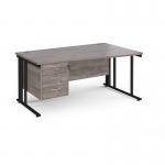 Maestro 25 right hand wave desk 1600mm wide with 3 drawer pedestal - black cable managed leg frame, grey oak top MCM16WRP3KGO
