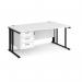 Maestro 25 right hand wave desk 1600mm wide with 3 drawer pedestal - black cable managed leg frame, white top MCM16WRP3KWH