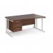 Maestro 25 right hand wave desk 1600mm wide with 3 drawer pedestal - white cable managed leg frame, walnut top MCM16WRP3WHW