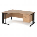 Maestro 25 left hand ergonomic desk 1800mm wide with 2 drawer pedestal - black cable managed leg frame, beech top MCM18ELP2KB