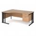 Maestro 25 left hand ergonomic desk 1800mm wide with 2 drawer pedestal - black cable managed leg frame, beech top MCM18ELP2KB