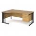 Maestro 25 left hand ergonomic desk 1800mm wide with 2 drawer pedestal - black cable managed leg frame, oak top MCM18ELP2KO