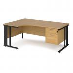 Maestro 25 left hand ergonomic desk 1800mm wide with 2 drawer pedestal - black cable managed leg frame and oak top