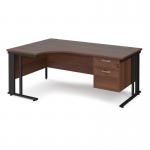 Maestro 25 left hand ergonomic desk 1800mm wide with 2 drawer pedestal - black cable managed leg frame and walnut top