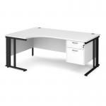 Maestro 25 left hand ergonomic desk 1800mm wide with 2 drawer pedestal - black cable managed leg frame, white top MCM18ELP2KWH