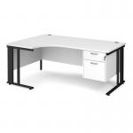 Maestro 25 left hand ergonomic desk 1800mm wide with 2 drawer pedestal - black cable managed leg frame and white top