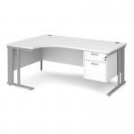 Maestro 25 left hand ergonomic desk 1800mm wide with 2 drawer pedestal - silver cable managed leg frame and white top
