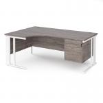 Maestro 25 left hand ergonomic desk 1800mm wide with 2 drawer pedestal - white cable managed leg frame and grey oak top