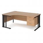 Maestro 25 left hand ergonomic desk 1800mm wide with 3 drawer pedestal - black cable managed leg frame, beech top MCM18ELP3KB