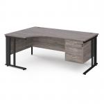 Maestro 25 left hand ergonomic desk 1800mm wide with 3 drawer pedestal - black cable managed leg frame, grey oak top MCM18ELP3KGO