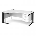 Maestro 25 left hand ergonomic desk 1800mm wide with 3 drawer pedestal - black cable managed leg frame and white top