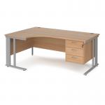 Maestro 25 left hand ergonomic desk 1800mm wide with 3 drawer pedestal - silver cable managed leg frame, beech top MCM18ELP3SB