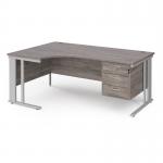 Maestro 25 left hand ergonomic desk 1800mm wide with 3 drawer pedestal - silver cable managed leg frame, grey oak top MCM18ELP3SGO