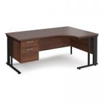 Maestro 25 right hand ergonomic desk 1800mm wide with 2 drawer pedestal - black cable managed leg frame, walnut top MCM18ERP2KW