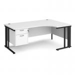 Maestro 25 right hand ergonomic desk 1800mm wide with 2 drawer pedestal - black cable managed leg frame, white top MCM18ERP2KWH