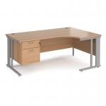 Maestro 25 right hand ergonomic desk 1800mm wide with 2 drawer pedestal - silver cable managed leg frame, beech top MCM18ERP2SB