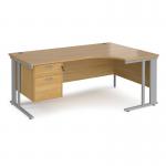Maestro 25 right hand ergonomic desk 1800mm wide with 2 drawer pedestal - silver cable managed leg frame, oak top MCM18ERP2SO