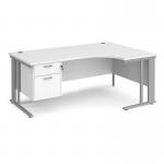 Maestro 25 right hand ergonomic desk 1800mm wide with 2 drawer pedestal - silver cable managed leg frame, white top MCM18ERP2SWH