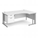 Maestro 25 right hand ergonomic desk 1800mm wide with 2 drawer pedestal - silver cable managed leg frame, white top MCM18ERP2SWH
