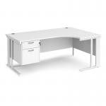 Maestro 25 right hand ergonomic desk 1800mm wide with 2 drawer pedestal - white cable managed leg frame, white top MCM18ERP2WHWH
