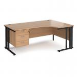 Maestro 25 right hand ergonomic desk 1800mm wide with 3 drawer pedestal - black cable managed leg frame, beech top MCM18ERP3KB