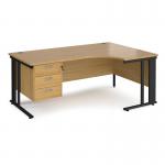 Maestro 25 right hand ergonomic desk 1800mm wide with 3 drawer pedestal - black cable managed leg frame, oak top MCM18ERP3KO