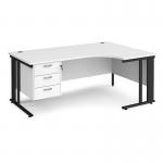 Maestro 25 right hand ergonomic desk 1800mm wide with 3 drawer pedestal - black cable managed leg frame, white top MCM18ERP3KWH
