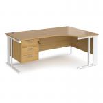 Maestro 25 right hand ergonomic desk 1800mm wide with 3 drawer pedestal - white cable managed leg frame, oak top MCM18ERP3WHO