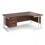 Maestro 25 right hand ergonomic desk 1800mm wide with 3 drawer pedestal - white cable managed leg frame, walnut top MCM18ERP3WHW