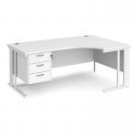 Maestro 25 right hand ergonomic desk 1800mm wide with 3 drawer pedestal - white cable managed leg frame, white top MCM18ERP3WHWH