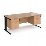 Maestro 25 straight desk 1800mm x 800mm with two x 2 drawer pedestals - black cable managed leg frame, beech top MCM18P22KB