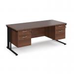 Maestro 25 straight desk 1800mm x 800mm with two x 2 drawer pedestals - black cable managed leg frame, walnut top MCM18P22KW