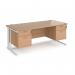 Maestro 25 straight desk 1800mm x 800mm with two x 2 drawer pedestals - white cable managed leg frame, beech top MCM18P22WHB