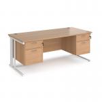 Maestro 25 straight desk 1800mm x 800mm with two x 2 drawer pedestals - white cable managed leg frame, beech top MCM18P22WHB