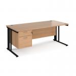 Maestro 25 straight desk 1800mm x 800mm with 2 drawer pedestal - black cable managed leg frame, beech top MCM18P2KB