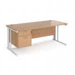 Maestro 25 straight desk 1800mm x 800mm with 2 drawer pedestal - white cable managed leg frame, beech top MCM18P2WHB