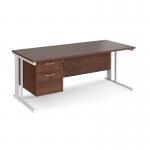 Maestro 25 straight desk 1800mm x 800mm with 2 drawer pedestal - white cable managed leg frame, walnut top MCM18P2WHW