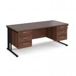 Maestro 25 straight desk 1800mm x 800mm with two x 3 drawer pedestals - black cable managed leg frame, walnut top MCM18P33KW