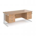 Maestro 25 straight desk 1800mm x 800mm with two x 3 drawer pedestals - white cable managed leg frame, beech top MCM18P33WHB