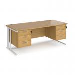 Maestro 25 straight desk 1800mm x 800mm with two x 3 drawer pedestals - white cable managed leg frame, oak top MCM18P33WHO