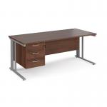 Maestro 25 straight desk 1800mm x 800mm with 3 drawer pedestal - silver cable managed leg frame, walnut top MCM18P3SW