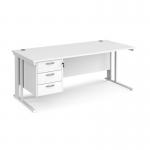 Maestro 25 straight desk 1800mm x 800mm with 3 drawer pedestal - white cable managed leg frame, white top MCM18P3WHWH