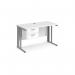 Maestro 25 straight desk 1200mm x 600mm with 2 drawer pedestal - silver cable managed leg frame, white top MCM612P2SWH