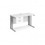 Maestro 25 straight desk 1200mm x 600mm with 2 drawer pedestal - silver cable managed leg frame, white top MCM612P2SWH