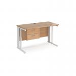 Maestro 25 straight desk 1200mm x 600mm with 2 drawer pedestal - white cable managed leg frame, beech top MCM612P2WHB