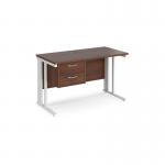 Maestro 25 straight desk 1200mm x 600mm with 2 drawer pedestal - white cable managed leg frame, walnut top MCM612P2WHW
