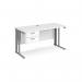 Maestro 25 straight desk 1400mm x 600mm with 2 drawer pedestal - silver cable managed leg frame, white top MCM614P2SWH